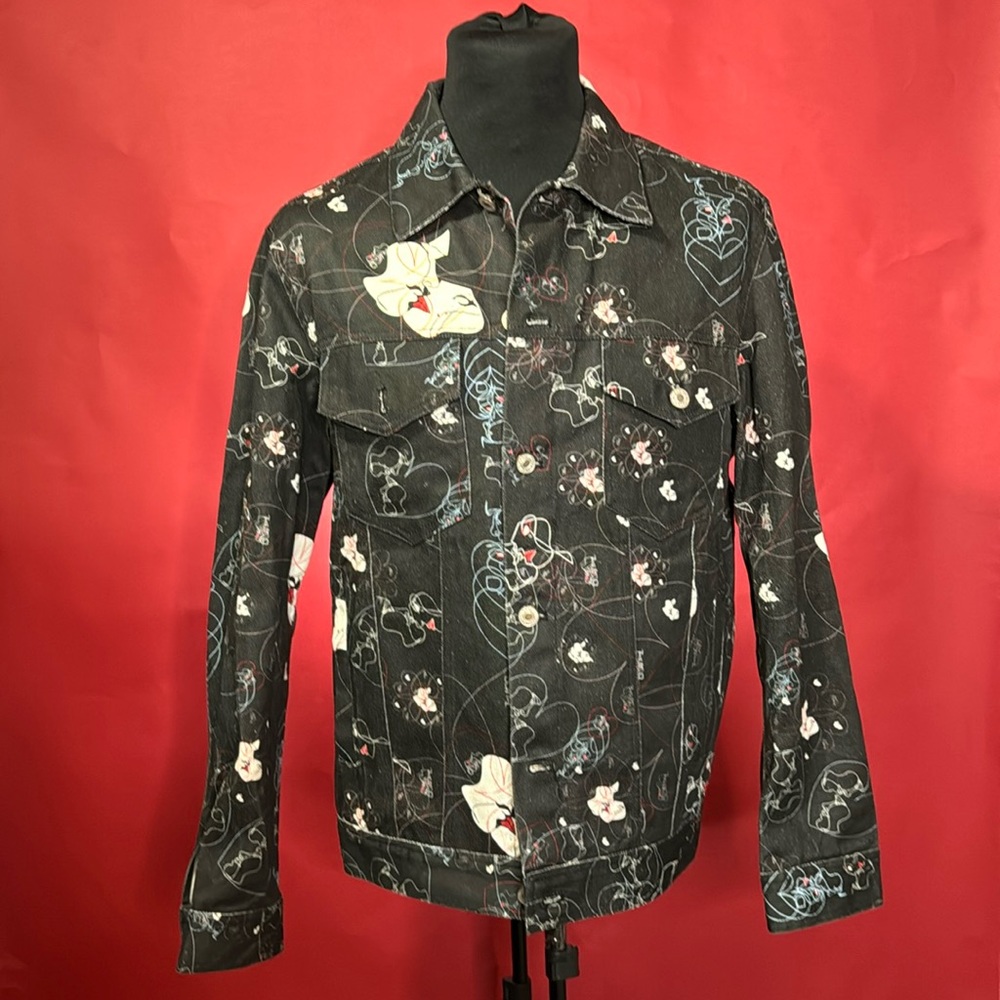 Shein Men's Floral Graphic Denim Black Jacket Size Small